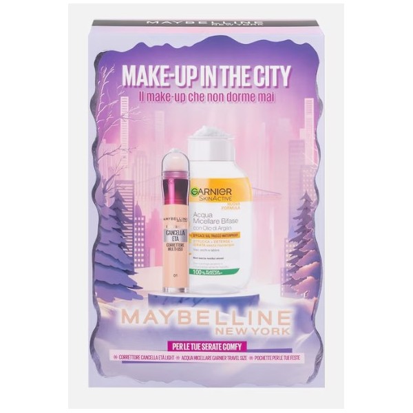 MAYBELLINE NEW YORK MAKE-UP IN THE CITY CORRETTORE IL CANCELLA ETA' LIGHT (01) E ACQUA MICELLARE BIFASE