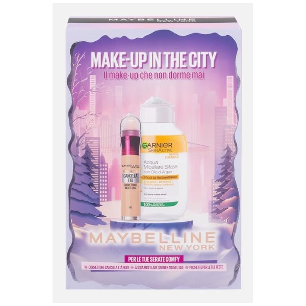 MAYBELLINE NEW YORK MAKE-UP IN THE CITY CORRETTORE IL CANCELLA ETA' LIGHT (02) E ACQUA MICELLARE BIFASE