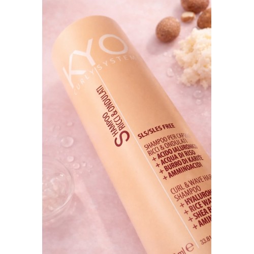 KYO Curly System Shampoo Ricci e Ondulati 1000 ml con Acido Ialuronico senza SLS/SLES per capelli ricci, mossi e afro